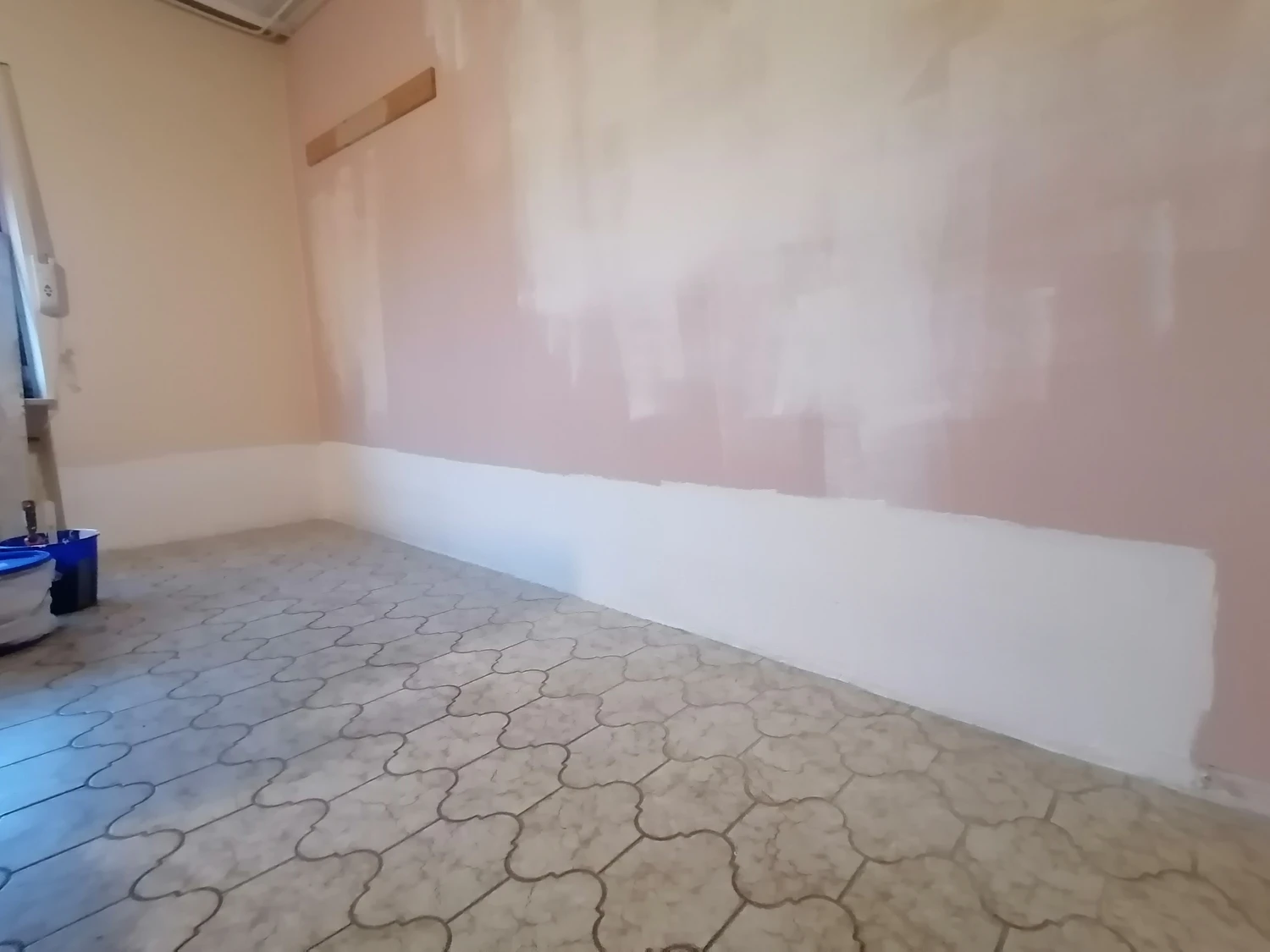 D.Förster - Sanierung - Sockelbereich nach dem ersten mineralischen Beschichtungsstand mit Kalkfarbe.